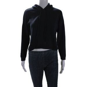 six/fifty Womens Long Sleeve Graphic Cropped Hooded Pullover Sweater Navy Size S